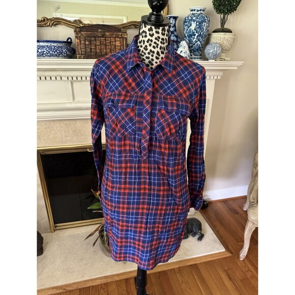 J.Crew Women's Plaid Red Blue Flannel Shirt Dress SZ S Popover Button Front - Picture 1 of 9